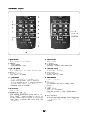 Page 12- 12 -
Remote Control
!3MENU button
Open or close the On-Screen Menu.
!6ZOOM edbuttons
Zoom in and out the images.
!5D.ZOOM button
Select the Digital zoom +/- mode and resize the image.
@0FOCUS button
Adjust the focus.
!8
MUTE button
Mute the sound.
!4
P-TIMER button
Operate the P-timer function.@1
NO SHOW button
Temporarily turn off the image on the screen.
@2
KEYSTONE button
Correct keystone distortion.
@6SELECT button
–Execute the selected item.
–Expand or compress the image in the Digital zoom
mode....