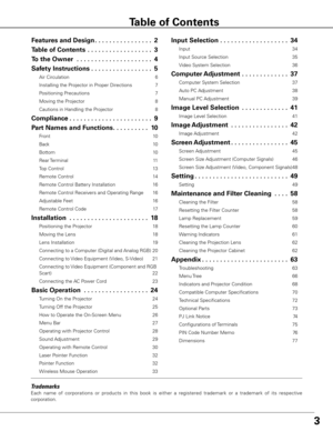 Page 3

Trademarks
Each  name  of  corporations  or  products  in  this  book  is  either  a  registered  trademark  or  a  trademark  of  its  respective 
corporation.
Features and Design .  .  .  .  .  .  .  .  .  .  .  .  .  .  .  .
Table of Contents  .  .  .  .  .  .  .  .  .  .  .  .  .  .  .  .  .  .
To the Owner   .  .  .  .  .  .  .  .  .  .  .  .  .  .  .  .  .  .  .  .  .4
Safety Instructions .  .  .  .  .  .  .  .  .  .  .  .  .  .  .  .  .5
Air Circulation 6
Installing the Projector...