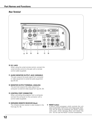 Page 12
1
!0	R/C JACK
  When using the wired remote control, connect the 
wired remote control to this jack with a remote 
control cable (supplied).
!2	MONITOR OUTPUT TERMINAL (ANALOG)
  This terminal outputs the video signal from 
computer to external video equipment (pp.20, 22).
✽	RESET button
  A  built-in  micro  processor  which  controls  this  unit 
may occasionally malfunction and need to be reset. This  can  be  done  by  pressing  the  RESET  button 
with  a  pen,  which  will  shut  down  and...