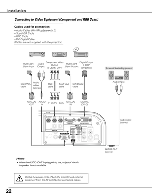 Page 22

Connecting	to	Video	Equipment	(Component	and	RGB	Scart)
Cables used for connection 
• Audio Cables (Mini Plug [stereo] x 2)
• Scart-VGA Cable
• BNC Cable
• DVI-Digital Cable
(Cables are not supplied with the projector.)
External Audio Equipment
Audio cable 
(stereo)
Audio Input
Component Video 
Output
(Y, Cb/Pb, Cr/Pr)
RGB Scart  
21-pin Input
Audio 
Output
Scart-VGA 
cable
AUDIO OUT 
(stereo)
Audio 
cable 
(stereo)
AUDIO 
IN
ANALOG 
OUTY   Cb/Pb   Cr/PrANALOG 
IN
Scart-VGA 
cable
BNC 
cable...