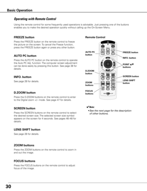 Page 30
0

Remote Control
Operating	with	Remote	Control
Using the remote control for some frequently used operations is advisable. Just pressing one of the buttons 
enables you to make the desired operation quickly without calling up the On-Screen Menu.
Press the FREEZE button on the remote control to freeze 
the picture on the screen. To cancel the Freeze function, 
press the FREEZE button again or press any other button.
FREEZE button
Press the AUTO PC button on the remote control to operate 
the Auto PC...