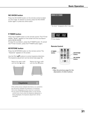 Page 31
1

Press the NO SHOW button on the remote control to black 
out the image. To restore to normal, press the NO SHOW 
button again or press any other button.
“No show” disappears after 4 seconds.
NO SHOW button
Press the P-TIMER button on the remote control. The P-Timer 
display “00:00” appears on the screen and the countdown 
starts (00:00–59:59).
To stop the countdown, press the P-TIMER button. To cancel 
the P-Timer function, press the P-TIMER button again.
P-TIMER button
P-Timer display
✔Note:...