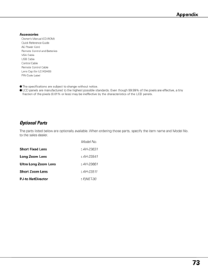 Page 73
7
     Model No. 
Short Fixed Lens    : 
AH-23631 
Long Zoom Lens    : 
AH-23541 
Ultra Long Zoom Lens     : 
AH-23661 
Short Zoom Lens    : 
AH-23511 
PJ-to NetDirector    : 
PjNET-30 
The parts listed below are optionally available. When ordering those parts, specify the item name and Model No. 
to the sales dealer.
Optional	Parts
Accessories
 Owner’s Manual (CD-ROM) 
  Quick Reference Guide
 
  AC Power Cord
 
  Remote Control and Batteries
 
  VGA Cable
 
  USB Cable
  Control Cable
  Remote...