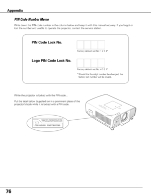 Page 76
76

Write down the PIN code number in the column below and keep it with this manual securely. If you forgot or 
lost the number and unable to operate the projector, contact the service station. 
PIN	Code	Number	Memo
Factory default set No: 1 2 3 4*
Factory default set No: 4 3 2 1*
* Should the four-digit number be changed, the 
factory set number will be invalid.
While the projector is locked with the PIN code...
Put the label below (supplied) on in a prominent place of the 
projector’s body while it is...