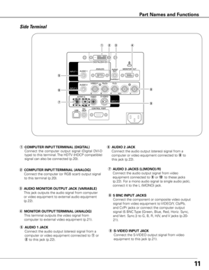 Page 1211
Side Terminal
qwer
t
i
u
y	AUDIO 2 JACK
  Connect the audio output (stereo) signal from a 
computer or video equipment connected to i to 
this jack (p.22).
t	AUDIO 1 JACK
  Connect the audio output (stereo) signal from a 
computer or video equipment connected to q or 
w to this jack (p.22).
u	AUDIO 3 JACKS (L(MONO)/R)
  Connect the audio output signal from video 
equipment connected to o or !2	to these jacks 
(p.22). For a mono audio signal (a single audio jack), 
connect it to the L (MONO) jack.
i	5...