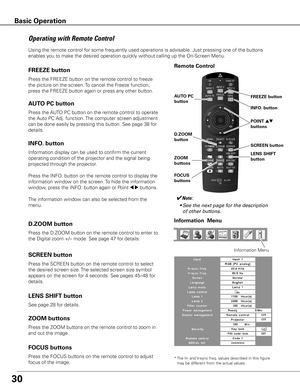 Page 3130
Remote Control
Operating with Remote Control
Using the remote control for some frequently used operations is advisable. Just pressing one of the buttons 
enables you to make the desired operation quickly without calling up the On-Screen Menu.
Press the FREEZE button on the remote control to freeze 
the picture on the screen. To cancel the Freeze function, 
press the FREEZE button again or press any other button.
FREEZE button
Press the AUTO PC button on the remote control to operate 
the Auto PC Adj....