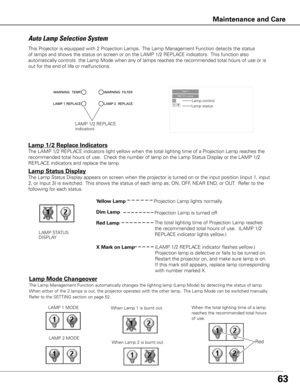 Page 6463
Auto Lamp Selection System
This Projector is equipped with 2 Projection Lamps.  The Lamp Management Function detects the status 
of lamps and shows the status on screen or on the LAMP 1/2 REPLACE indicators.  This function also 
automatically controls  the Lamp Mode when any of lamps reaches the recommended total hours of use or is 
out for the end of life or malfunctions. Projection Lamp lights normally.
Lamp 1/2 Replace Indicators
The LAMP 1/2 REPLACE indicators light yellow when the total lighting...