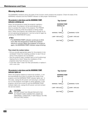 Page 67The WARNING indicators show the state of the function which protects the projector. Check the state of the 
WARNING indicators and the POWER indicator to take proper maintenance. 
Warning Indicators
The projector is shut down and the WARNING TEMP. 
indicator is blinking red.
When the temperature inside the projector reaches a 
certain level, the projector will be automatically shut 
down to protect the inside of the projector. The POWER 
indicator is blinking while the projector is being cooled 
down....