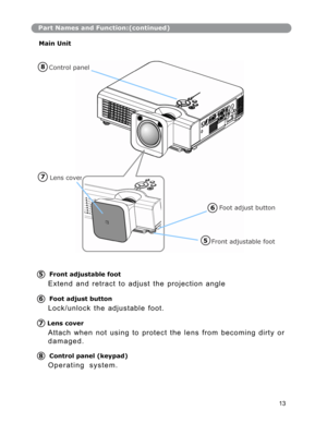 Page 14Part Names and Function:(continued)
Main Unit
8Control panel
7  
Lens cover
Foot adjust button6
5
Front adjustable foot
5Front adjustable foot 
E x t e n d    a n d    r e t r a c t    t o    a d j u s t    t h e    p r o j e c t i o n    a n g l e
6Foot adjust button 
L o c k / u n l o c k    t h e   a d j u s t a b l e    f o o t .
7Lens cover 
A t t a c h    w h e n    n o t    u s i n g   t o  p r o t e c t  t h e  l e n s  f r o m    b e c o m i n g    d i r t y    o r
d a m a g e d . 
8Control...