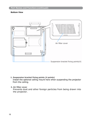 Page 19Part Names and Function:(continued)
Bottom View
Air filter cover
Suspension bracket fixing points(4)
1. Suspension bracket fixing points (4 points) 
Install the optional ceiling mount here when suspending the projector 
from the ceiling. 
2. Air filter cover 
Prevents dust and other foreign particles from being drawn into 
the projector. 
18 
   
   
   
 
  
   