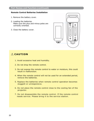 Page 21Part Names and Function:(continued)
Remote Control Batteries Installation
1. Remove the battery cover.
2. Loading the batteries. 
Make sure the plus and minus poles are
correctly oriented. 
3. Close the battery cover.
C A U T I O N
1. Avoid excessive heat and humidity. 
2. Do not drop the remote control. 
3. Do not expose the remote control to water or moisture, this could 
result in malfunction. 
4. When the remote control will not be used for an extended period,
 
remove the batteries. 
5. Replace the...