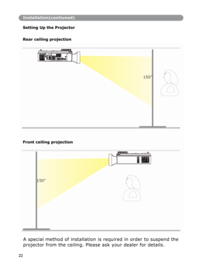 Page 23Installation(contiuned)
Setting Up the Projector
Rear ceiling projection
150
”
Front ceiling projection
150
”
A special method of installation is required in order to suspend the 
projector from the ceiling. Please ask your dealer for details. 
22 
     