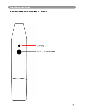 Page 40Installation(contiuned)
3.Section three: Functional key of “Pointer”
Button：Mouse left key
39 LED lamp  