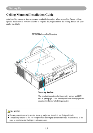 Page 1815
Setting Up
Ceiling Mounted Installation Guide 
Attach	ceiling	mount	at	four-suspension	bracket	fixing	points	when	suspending	from	a	ceiling.	
Special installation is required in order to suspend the projector from \
the ceiling. Please ask your 
dealer for details.
Security Anchor
The product is equipped with security anchor and PIN 
LOCK (See page 33 for detials) functions to help prevent 
unauthorized removal of the projector.
MAX M4x8 mm For Mounting
WARNING
►Do	not	grasp	the	security	anchor	to...