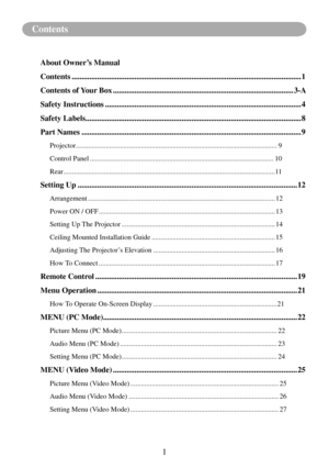 Page 3Contents
1
Contents
About Owner’s Manual
Contents
  ........................................................................\
.............................................1
Contents of Your Box
  ........................................................................\
....................3-A
Safety Instructions
  ........................................................................\
............................4
Safety Labels........................................................................\...