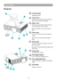 Page 12Part Names
9
Part Names
87
6
5
4
7
1
82
3
9
Projector
1 Control panel
Operating system.
        Lens Cover
Attach when not using to protect the lens 
from becoming dirty or damaged.
  Filter cover
Prevents dust and other foreign particles 
from being drawn into projector.
Remove	the	filter	cover	to	clean	the	air	
filter.
 Focus ring
Use the focus ring to focus the projector 
image.
Rotate the focus ring until the image is 
clear.
 Zoom ring
Use the zoom ring to adjust the size of the 
projected image....
