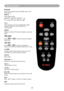 Page 23Remote Control (Optional)
20
Remote Control
POWER
Power on / operation mode, Standby mode, Cool 
down mode.
INPUT
Select input source :
Note : 
If the projector can not be captured the signals 
within 15 minutes, it will be shut down 
automatically.
MENU
Display or hide the On-Screen Display main menu 
page.
 
Press  or  to select On-Screen Display menu item.
 
Press  or  to select and adjust the function of On-Screen Display menu item or value.
LASER
Aim the remote control at the screen, press and 
hold...