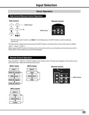 Page 33


The input source changes each time you press the INPUT button on the side control or the remote control as follows:
 Input 1→ Input 2→ Input 3 → ...
Before using the INPUT button on the side control or the remote control, you must select a cor\
rect input source by On-
Screen Menu and the latest input source will be displayed.
Input	Selection
Press the INPUT 1, INPUT 2, or INPUT 3 button on the remote control. The input source appears on the screen as you 
press each button. Select the...