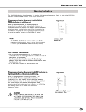 Page 69
69

Maintenance	and	Care
The WARNING indicators show the state of the function which protects the proj\
ector. Check the state of the WARNING 
indicators and the POWER indicator to take proper maintenance. 
The	projector	is	shut	down	and	the	WARNING	
TEMP .	indicator	is	blinking	red .
When the temperature inside the projector reaches a
certain level, the projector will be automatically shut down to 
protect the inside of the projector. The POWER indicator is blinking 
while the projector is being cooled...