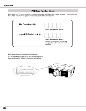 Page 84
4

Write down the PIN code number in the column below and keep it with this \
manual securely. If you forgot or lost 
the number and unable to operate the projector, contact the service station. 
Factory	default	set	No:		1	2		4*
Factory	default	set	No:		4		2	1*
*  S h o u l d   t h e   f o u r - d i g i t   n u m b e r   b e 
changed,  the  factory  set  number  will 
be invalid.
Put the label below (supplied) on in a prominent place of 
the projector’s body while it is locked with a PIN...