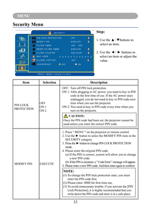 Page 3633
MENU
Security Menu
Step:
1.			Use	the	▲	/▼buttons	to	
select an item.
2.			 Use	the	◄	/	►	buttons	to	
select an item or adjust the 
value.
Item Selection Description
PIN LOCK 
PROTECTIONOFF
ON 1
ON 2OFF:  
   Turn off PIN lock protection.
ON 1:   
After plugging in AC power, you need to key in PIN 
code	at	the	first	time	of	use.	If	the	 AC	power	stays	
unplugged, you do not need to key in PIN code next 
time when you use the projector.
ON 2:    You need to key in PIN code every time when you 
turn on...