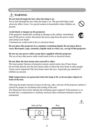 Page 96
Safety Instructions
Do not look through the lens when the lamp is on.
Never look through the lens when the lamp is on. The powerful light could 
adversely affect vision. Use special caution in households where children are 
present.
Avoid shock or impact on the projector.
If the projector should fall, resulting in damage to the cabinet, immedi\
ately 
turn off the power switch, disconnect the power plug from the power outlet 
and contact your dealer.
Continued	use	could	result	in	fire	or	electrical...