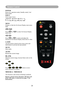 Page 23Remote Control (Optional)
20
Remote Control
POWER
Power on / operation mode, Standby mode, Cool 
down mode.
INPUT
Select input source :
MENU
Display or hide the On-Screen Display main menu 
page.
 
Press  or  to select On-Screen Display 
menu item.
 
Press  or  to select and adjust the 
function of On-Screen Display menu item or value.
LASER
Aim the remote control at the screen, press and 
hold button to activate the laser pointer.
MUTE
Mute audio.
AUTO
Refresh the current image.
BLANK
Hide the current...