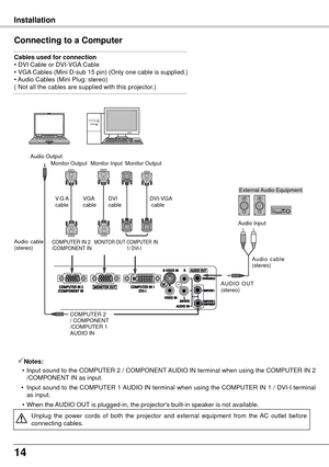 Page 1414
   Installation
Connecting to a Computer
Cables used for connection 
• DVI Cable or DVI-VGA Cable
• VGA Cables (Mini D-sub 15 pin) (Only one cable is supplied.) 
• Audio Cables (Mini Plug: stereo)
( Not all the cables are supplied with this projector.)
Notes:
  • Input sound to the COMPUTER 2 / COMPONENT AUDIO IN terminal when using the COMPUTER IN 2 
/COMPONENT IN as input.
  •

  Input sound to the COMPUTER 1 AUDIO IN terminal when using the COMPUTER IN 1 / DVI-I terminal 
as input.
  •

  When the...