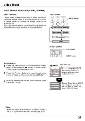 Page 3737
Computer InputVideo Input
Choose  Video  by  pressing  the  INPUT  button  on  the  top 
control  or  choose  Video  by  pressing  the  VIDEO  button 
or  choose  S-video  by  pressing  the  S-video  button  on  the 
remote control.
Before using these buttons, correct input source should be 
selected through menu operation as described below.
Input Source Selection (Video, S-video)
Direct Operation
Note:
   W
hen  the  Input  Search  function  is  set  On1  or  On2, 
the input signal will be searched...