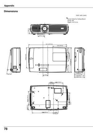 Page 7878
Appendix
Dimensions
8.60(218.5)(50.7)
2.17(55.0)
(410.0)5.91(150.2)
3.04(77.3)3.52(89.4)
2.17(55.2)
10.35(262.8)
10.50(266.8)
3.35(85.0)4.04(102.7)
4.38(111.2)
2.81(71.5)2.17(55.0)
(56.3)
(143.0)
(230.0) (50.0)
(50.8)
(102.0)
(97.0)
(30.0)
1.97
16.14
Unit: inch (mm)
Screw Holes for Ceiling Mount
Screw: M4
Depth: 0.47(12.0) 