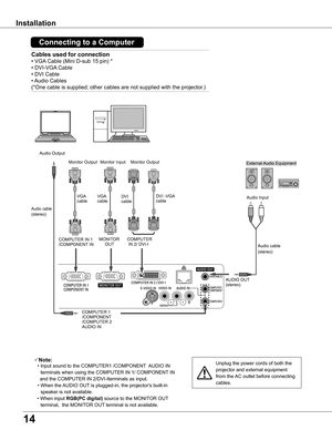 Page 14
14

Installation
Unplug the power cords of both the 
projector and external equipment 
from the AC outlet before connecting 
cables.
Cables used for connection 
• VGA Cable (Mini D-sub 15 pin) *
• DVI-VGA Cable 
• DVI Cable 
• Audio Cables
(*One cable is supplied; other cables are not supplied with the projector.)
Note:
 • Input sound to the COMPUTER1 /COMPONENT  AUDIO IN 
terminals when using the COMPUTER IN 1/ COMPONENT IN
    and the COMPUTER IN 2/DVI-Iterminals as input.
 • When the AUDIO OUT is...