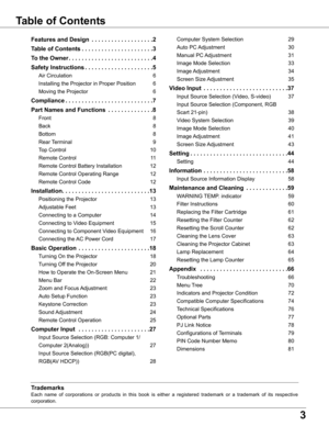 Page 3
3

Table of Contents
Trademarks
Each  name  of  corporations  or  products  in  this  book  is  either  a  registered  trademark  or  a  trademark  of  its  respective 
corporation.
Features and Design  .  .  .  .  .  .  .  .  .  .  .  .  .  .  .  .  .  .  .
Table of Contents .  .  .  .  .  .  .  .  .  .  .  .  .  .  .  .  .  .  .  .  .  .3
To the Owner .  .  .  .  .  .  .  .  .  .  .  .  .  .  .  .  .  .  .  .  .  .  .  .  .  .4
Safety Instructions .  .  .  .  .  .  .  .  .  .  .  .  .  .  .  .  ....