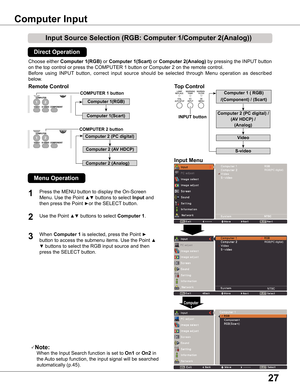 Page 27
7

Choose either Computer 1(RGB) or Computer 1(Scart) or Computer (Analog) by pressing the INPUT button 
on the top control or press the COMPUTER 1 button or Computer 2 on the r\
emote control.
Before  using  INPUT  button,  correct  input  source  should  be  selected  through  Menu  operation  as  described 
below.
1
Input Menu

3
Computer Input 
COMPUTER 1 button
Note:
   When the Input Search function is set to On1 or On in 
the Auto setup function, the input signal will be...