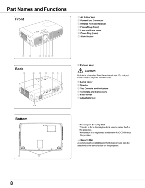 Page 8
8

Part Names and Functions
①⑤⑥③②
Front
Back
④
① Air Intake Vent
② Power Cord Connector
③ Infrared Remote Receiver
④ Focus Ring (front)
⑤ Lens and Lens cover
⑥ Zoom Ring (rear)
⑦ Slide Shutter
⑧ Exhaust Vent
  CAUTION
Hot air is exhausted from the exhaust vent. Do not put heat-sensitive objects near this side.
⑨ Lamp Cover
⑩ Speaker
⑪ Top Controls and Indicators
⑫ Terminals and Connectors
⑬ Filter Cover
⑭ Adjustable feet
 Kensington Security Slot
This slot is for a Kensington lock used to deter theft...