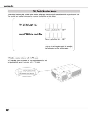 Page 80
80

Appendix
Write down the PIN code number in the column below and keep it with this \
manual securely. If you forgot or lost 
the number and unable to operate the projector, contact the service station. 
Factory default set No:  1 2 3 4*
Factory default set No:  4 3 2 1*
Put the label below (supplied) on in a prominent place of the 
projector's body while it is locked with a PIN code.
While the projector is locked with the PIN code.
PIN Code Lock No .
Logo PIN Code Lock No .
*Should  the...