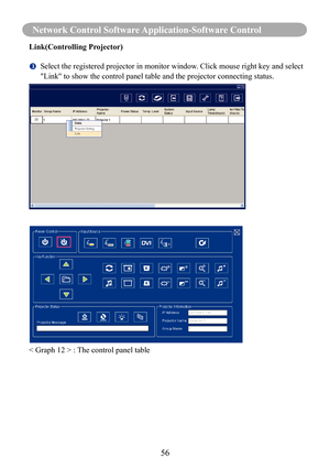 Page 5856
Network Control Software Application-Software Control
Link(Controlling Projector)
		Select the registered projector in monitor window. Click mouse right key and select 
"Link" to show the control panel table and the projector connecting stat\
us.
< Graph 12 > : The control panel table 