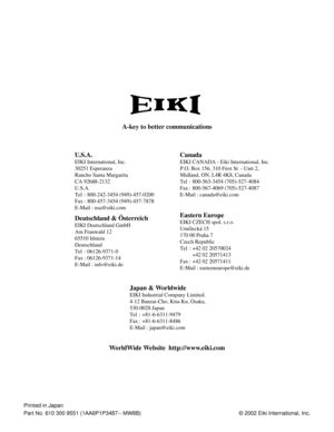 Page 56Part No. 610 300 9551 (1AA6P1P3487-- MW8B)
Printed in Japan
© 2002 Eiki International, Inc.
A-key to better communications
U.S.A.
EIKI International, Inc.
30251 Esperanza
Rancho Santa Margarita
CA 92688-2132
U.S.A.
Tel : 800-242-3454 (949)-457-0200 
Fax : 800-457-3454 (949)-457-7878
E-Mail : usa@eiki.com
Canada
Deutschland & Österreich
EIKI Deutschland GmbH
Am Frauwald 12 
65510 Idstein
Deutschland
Tel : 06126-9371-0 
Fax : 06126-9371-14
E-Mail : info@eiki.de
Eastern Europe
EIKI CZECH spol. s.r.o....