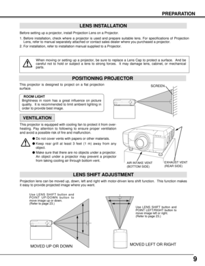 Page 99
PREPARATION
POSITIONING PROJECTOR
Before setting up a projector, install Projection Lens on a Projector.
1. Before installation, check where a projector is used and prepare suitable lens. For specifications of Projection
Lens, refer to manual separately attached or contact sales dealer where you purchased a projector.
2. For installation, refer to installation manual supplied to a Projector.
LENS INSTALLATION
When moving or setting up a projector, be sure to replace a Lens Cap to protect a surface....