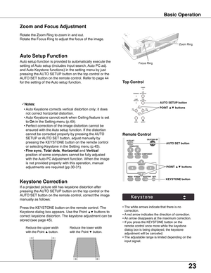 Page 2323
Basic Operation
Rotate	the	Zoom	Ring	to	zoom	in	and	out.		
Rotate	the	Focus	Ring	to	adjust	the	focus	of	the	image.		
Zoom and Focus Adjustment
If	a	projected	picture	still	has	keystone	distortion	after	
pressing	the	AUTO	SETUP 	button	on	the	top	control	or	the	
AUTO	SET	button	on	the	remote	control,	correct	the	image	
manually	as	follows:
Press	the	KEYSTONE	button	on	the	remote	control.	 The	
Keystone	dialog	box	appears.	Use	the	Point	▲▼	buttons	to	
correct	keystone	distortion.	The	keystone	adjustment...