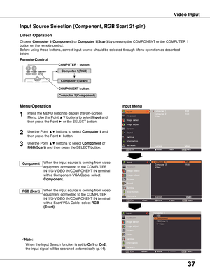 Page 3737
Video Input
Choose	Computer 1(Component)	or	Computer 1(Scart) by	pressing	the	COMPONENT	or	the	COMPUTER	1	
button	on	the	remote	control.
Before	using	these	buttons,	correct	input	source	should	be	selected	through	Menu	operation	as	described	
below.
1
Input Menu
2Use	the	Point	▲▼	buttons	to	select	Computer 1	and	
then	press	the	Point	►	button.
Input Source Selection (Component, RGB Scart 21-pin)
When	the	input	source	is	coming	from	video	
equipment	connected	to	the	COMPUTER	
IN	1/S-VIDEO	IN/COMPONENT...