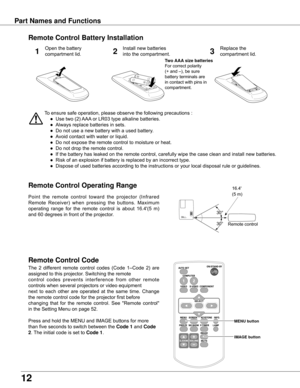 Page 1212
Part Names and Functions
To	ensure	safe	operation,	please	observe	the	following	precautions	:
	 ●	 Use	two	(2)	AAA	or	LR03	type	alkaline	batteries.
	 ●	 Always	replace	batteries	in	sets.
	 ●	 Do	not	use	a	new	battery	with	a	used	battery.
	 ●	 Avoid	contact	with	water	or	liquid.
	 ●	 Do	not	expose	the	remote	control	to	moisture	or	heat.
	 ●	 Do	not	drop	the	remote	control.
	 ●	 If	the	battery	has	leaked	on	the	remote	control,	carefully	wipe	the	case	clean	and	install	new	batteries.
	 ●	 Risk	of	an...