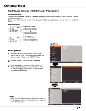 Page 2727
Choose	 either	Computer 1(RGB) or	 Computer 2(RGB)	 by	 pressing	 the	 COMPUTER	 1	 or	 Computer	 2	 button	
on	the	remote	control.
Before 	using 	these 	buttons, 	correct 	input 	source 	should 	be 	selected 	through 	Menu 	operation 	as 	described 	
below.
1
Input Menu
2
3
Computer Input 
COMPUTER 1 button
Note:
	 	 When	the	Input	Search	function	is	set	to	On1	or	On2	in	 the	Auto	setup	function,	the	input	signal	will	be	searched	
automatically	(p.44).
Computer  1
Remote Control
Direct Operation...