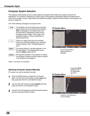 Page 2828
Computer Input
PC System Menu
PC System Menu
Computer System Selection
This	projector	automatically	tunes	to	various	types	of	computers	with	its	Multi-scan	system	and	Auto	PC	
Adjustment.	If	a	computer	is	selected	as	a	signal	source,	this	projector	automatically	detects	the	signal	format	
and	tunes	to	project	a	proper	image	without	any	additional	settings.	(Signal	formats	provided	in	this	projector	are	
shown	on	page	70.)
One	of	the	following	messages	may	appear	when:
The	projector	cannot	recognize...