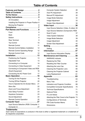 Page 3
3

Table	of	Contents
TrademarksEach	name	of	corporations	or	products	in	this	book	is	either	a	registered	trademark	or	a	trademark	of	its	respective	corporation.
Features and Design  .  .  .  .  .  .  .  .  .  .  .  .  .  .2
Table	of	Contents .  .  .  .  .  .  .  .  .  .  .  .  .  .  .  .  .3
To	the	Owner .  .  .  .  .  .  .  .  .  .  .  .  .  .  .  .  .  .  .  .  .4
Safety	Instructions .  .  .  .  .  .  .  .  .  .  .  .  .  .  . .5
Air	Circulation	6
Installing	the	Projector	in	Proper	Position	6
Moving...