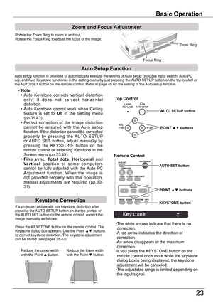 Page 23
3

Basic Operation
Rotate	the	Zoom	Ring	to	zoom	in	and	out.		Rotate	the	Focus	Ring	to	adjust	the	focus	of	the	image.		
Zoom	and	Focus	Adjustment
If	a	projected	picture	still	has	keystone	distortion	after	pressing	the	AUTO	SETUP 	button	on	the	top	control	or	the	AUTO	SET 	button	on	the	remote	control,	correct	the	image	manually	as	follows:
Press	the	KEYSTONE	button	on	the	remote	control.	 The	Keystone	dialog	box	appears.	Use	the	Point	▲▼	buttons	to	correct	keystone	distortion.	The	keystone...