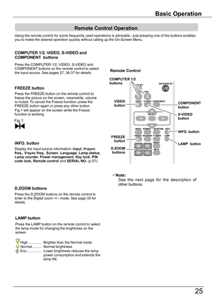 Page 25
5

Basic Operation
Remote	Control	Operation
Using	the	remote	control	for	some	frequently	used	operations	is	advisable.	Just	pressing	one	of	the	buttons	enables	you	to	make	the	desired	operation	quickly	without	calling	up	the	On-Screen	Menu.
Press	the	COMPUTER	1/,	VIDEO,	S-VIDEO	and	COMPONENT	buttons	on	the	remote	control	to	select	the	input	source.	See	pages	7,	36-37	for	details.
COMPUTER	1/2,	VIDEO,	S-VIDEO	and	COMPONENT		buttons
FREEZE	button
Display	the	input	source	information:	Input,...