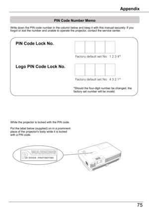 Page 75
75

Appendix
Write	down	the	PIN	code	number	in	the	column	below	and	keep	it	with	this	manual	securely.	If	you	forgot	or	lost	the	number	and	unable	to	operate	the	projector,	contact	the	service	center.	
PIN	Code	Number	Memo
Factory default set No:  1 2 3 4*
Factory default set No:  4 3 2 1*
Put	the	label	below	(supplied)	on	in	a	prominent	place	of	the	projector's	body	while	it	is	locked	with	a	PIN	code.
While	the	projector	is	locked	with	the	PIN	code.
PIN	Code	Lock	No.
Logo	PIN	Code	Lock	No.
*Should...