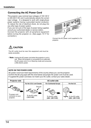 Page 14
InstallationInstallation
14
This projector uses nominal input voltages of 100-10 V 
or 00-40 V AC and it automatically selects the correct 
input  voltage.    It  is  designed  to  work  with  single-phase power  systems  having  a  grounded  neutral  conductor.  To  reduce  the  risk  of  electrical  shock,  do  not  plug  into any other type of power system.If  you  are  not  sure  of  the  type  of  power  being  supplied, consult your authorized dealer or service station.Connect  the...