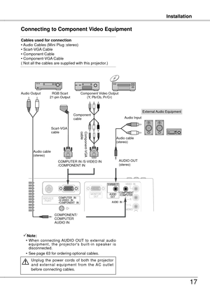 Page 17
InstallationInstallation
17
Connecting to Component Video Equipment
Cables used for connection • Audio Cables (Mini Plug :stereo)  • Scart-VGA Cable  • Component Cable  • Component-VGA Cable  ( Not all the cables are supplied with this projector.)
External Audio Equipment
COMPUTER IN /S-VIDEO IN/COMPONENT IN   
COMPONENT/ COMPUTERAUDIO IN
Audio cable   (stereo)
Audio cable  (stereo)
Audio Input
Component Video Output(Y, Pb/Cb, Pr/Cr)RGB Scart 
1-pin OutputAudio Output
Scart-VGA cable  Component-VGA...