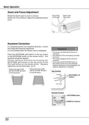 Page 22
Basic OperationBasic Operation

Focus Ring(Front side)
If  a  projected  picture  has  keystone  distortion,  correct the image with Keystone adjustment.  It is not available when On-Screen menu is displayed.
Press  the  KEYSTONE ▲▼ buttons  on  the  top  control or  the  KEYSTONE button  on  the  remote  control.    The keystone dialog box appears. C o r r e c t   k e y s t o n e   d i s t o r t i o n   b y   p r e s s i n g   t h e K E Y S TO N E ▲ ▼ b u t t o n s  o n  t h e  t o p  c o n t...